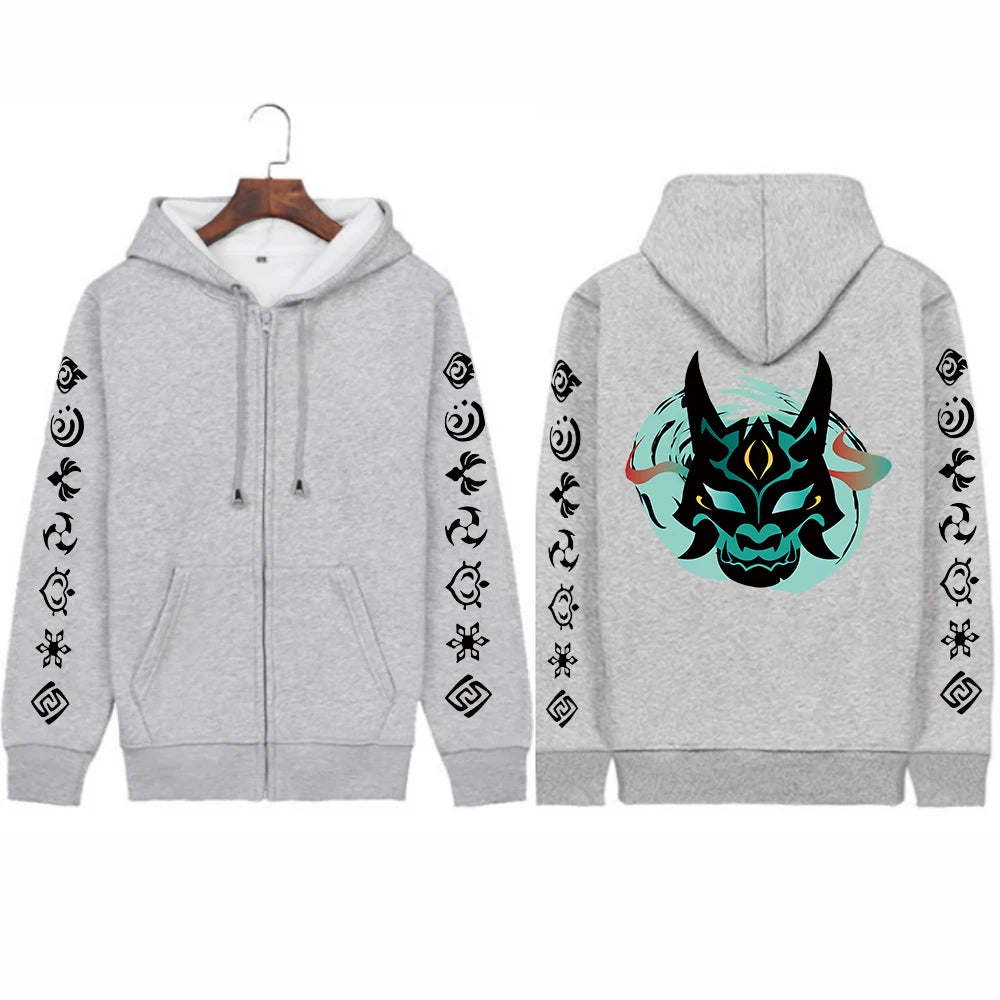 Genshin Impact: Xiao Mask Fangs Anime Print Zipper Hoodies Men Women Harajuku Fashion Long Sleeve Plus Size Zipper Jacket Coat
