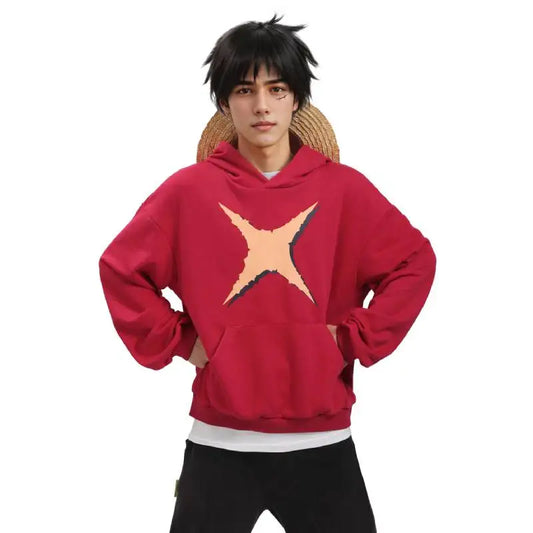 One Piece: DAZCOS Luffy Red Hoodie Polyester Luffy Printed Hoodie Cosplay Men Red Hoodie Pullover Costume with Pocket Daily Casual Wear