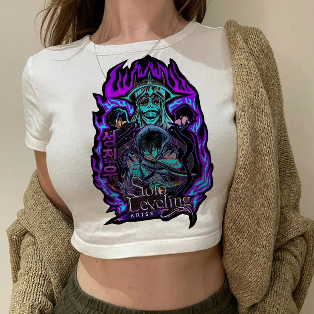 Solo Leveling: Levelling crop top gothic  summer cute Aesthetic 2000s harajuku coquette Streetwear babydoll woman t-shirt