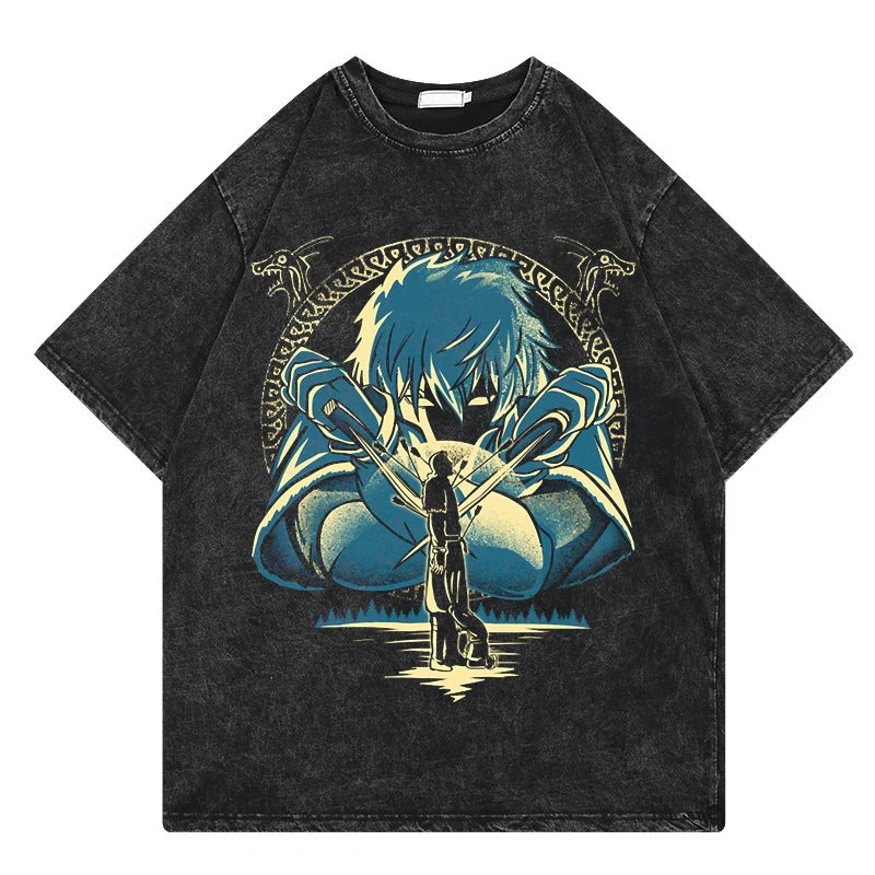 Vinland Saga: Vintage Washed Tshirt Graphic Print Hip Hop Streetwear Loose Y2k Summer Short Sleeve Harajuku 100% Cotton Top
