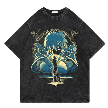 Vinland Saga: Vintage Washed Tshirt Graphic Print Hip Hop Streetwear Loose Y2k Summer Short Sleeve Harajuku 100% Cotton Top