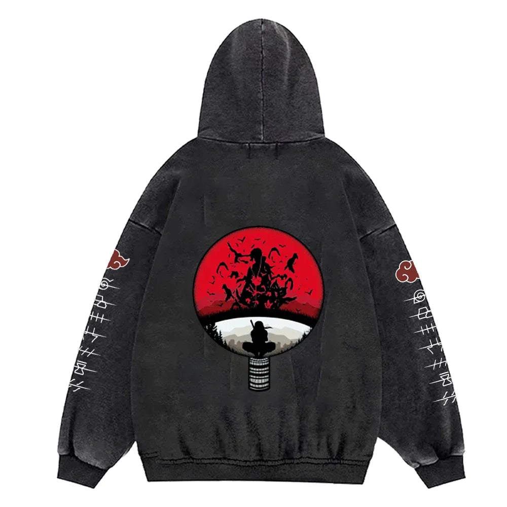 Anime Hoodies Men Women Gothic Manga Hooded Pullover Acid Wash Cotton Casual Sweatshirts Vintage Streetwear Men's Clothing
