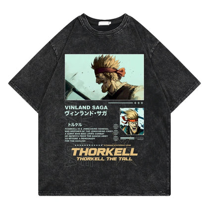 Vinland Saga: Vintage Washed Tshirt Graphic Print Hip Hop Streetwear Loose Y2k Summer Short Sleeve Harajuku 100% Cotton Top