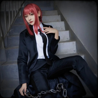 Chainsaw Man: Makima Cosplay Black Trench Shirt Tie Pants Makima Wig Long Light Red Braid Uniform