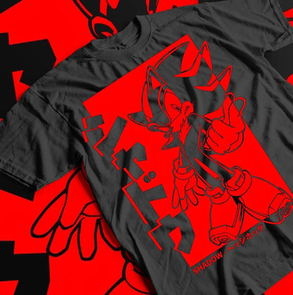 Sonic the Hedgehog: Shadow Hedgehog Illustration T-shirt | Red and Black Anime Style Men's and Women's Summer Cotton Loose Fashion Short Sleeve Top