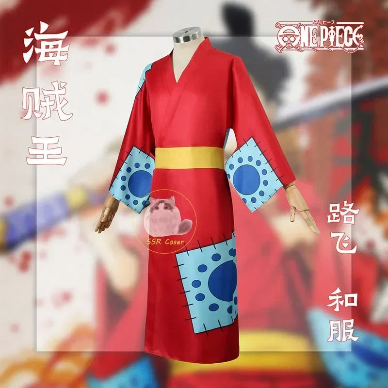 One Piece: Anime Luffy Cosplay Costume, Wano Country Monkey Cosplay Kimono pour hommes adultes chapeau cardigan rouge, olympiques Halloween