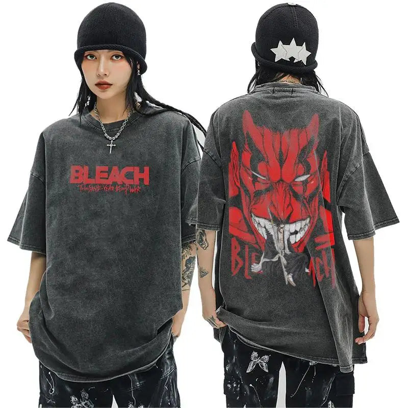 Bleach: Anime Tshirts Men Women Bleach Zaraki Kenpachi Printed Acid T-Shirt Cotton Graphic Punk Harajuku Tees Men's Clothing