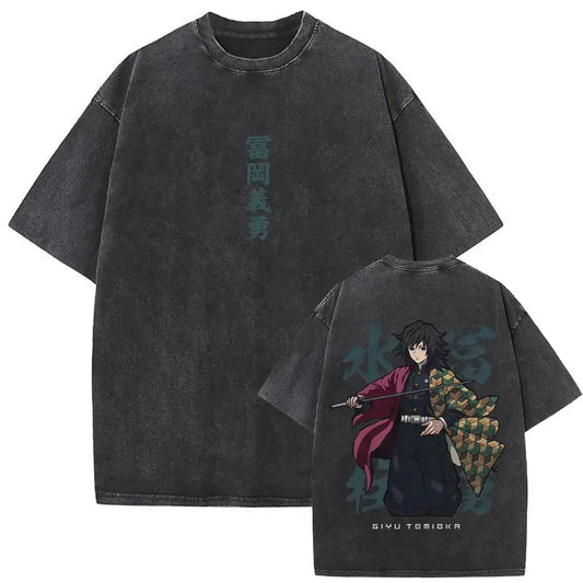 Demon Slayer: Washed Vintage Anime Akaza Graphic T-shirts Men Women Clothing Cotton Oversized Short Sleeve T Shirts Streetwear