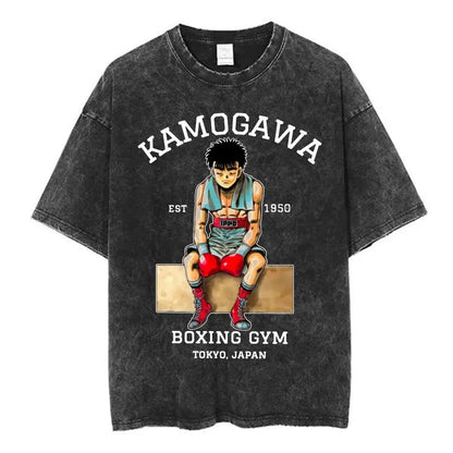 Anime Ippo Makunouchi Manga Graphic Print T-shirt Retro Washed Cotton Oversized Men Women Summer Harajuku Fashion Casual New Tee