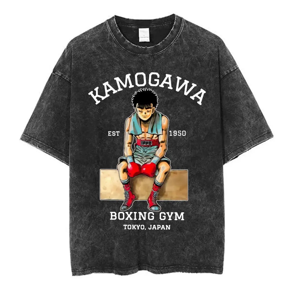 Anime Ippo Makunouchi Manga Graphic Print T-shirt Retro Washed Cotton Oversized Men Women Summer Harajuku Fashion Casual New Tee
