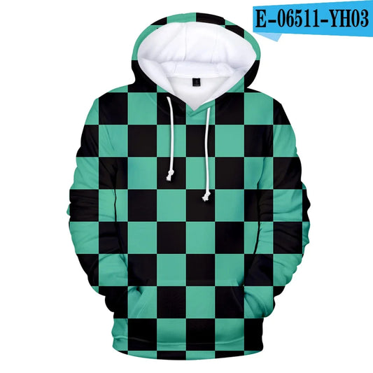 Demon Slayer: Kimetsu No Yaiba Hoodies Sweatshirts Black White Checkered Pattern Full Hoodies Casual