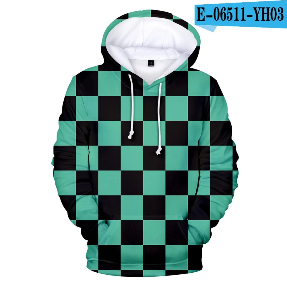 Demon Slayer: Kimetsu No Yaiba Hoodies Sweatshirts Black White Checkered Pattern Full Hoodies Casual