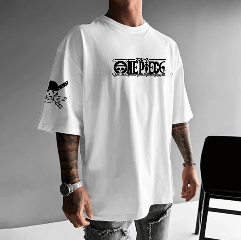 One Piece: Zoro - Japanese-style Animation Loose Large-size Retro Heavy Cotton Couple Crew Neck Short-sleeved T-shirt