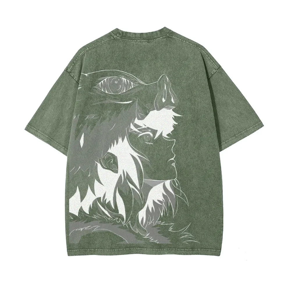Demon Slayer: Men's Women's Washed T-Shirt Inosuke Hashibira Summer Spring Anime Tee Retro Distressed High Quality Short Sleeve