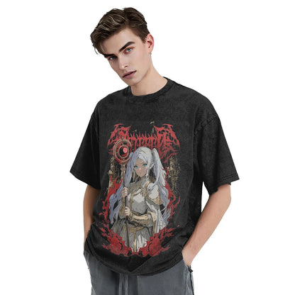 Frieren: The Slayer Heavy Metal Washed T Shirts Streetwear Hip Hop Retro T-Shirts  Tees for Men Women 100% Cotton Street Graphic