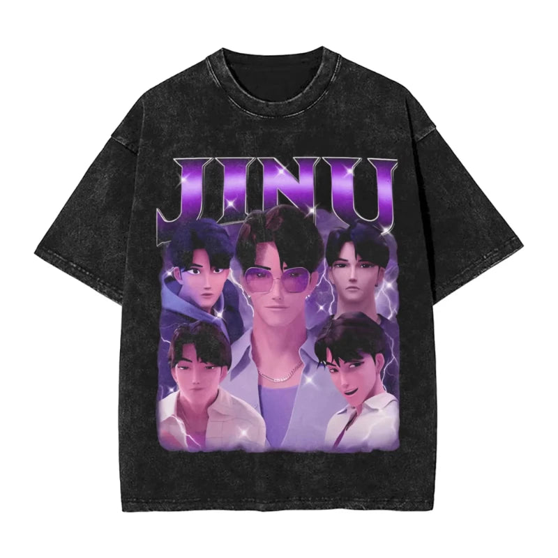 K-Pop Demon Hunters Washed T-Shirt Man Derpy Tiger Casual T-Shirts Summer Breathable Trendy Tee Shirt Design Plus Size Clothes