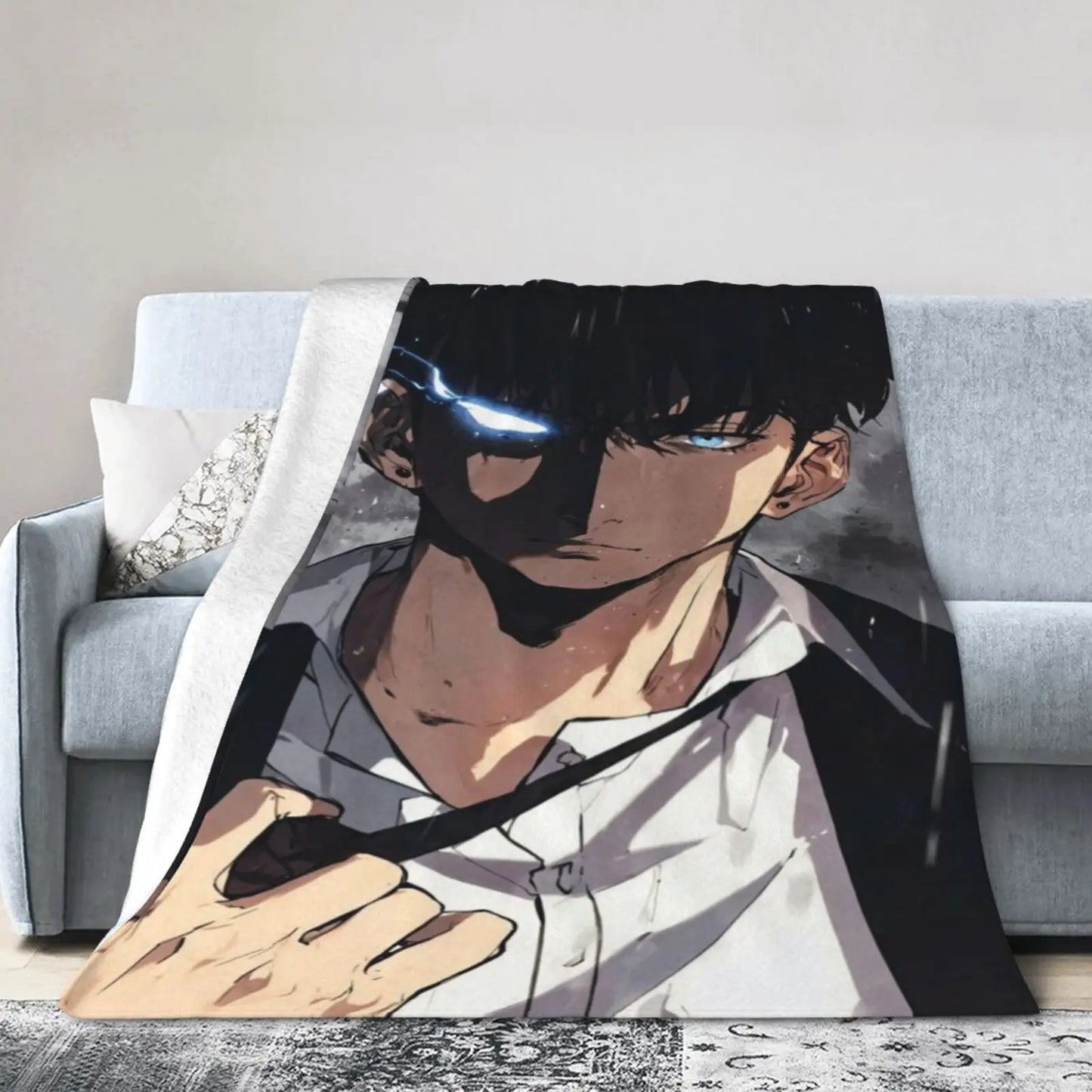 Solo Leveling: Printed Flannel Warm Anime Soft Blanket Bold Black and White Design For Sofa Living Room Office Season Travel Gift