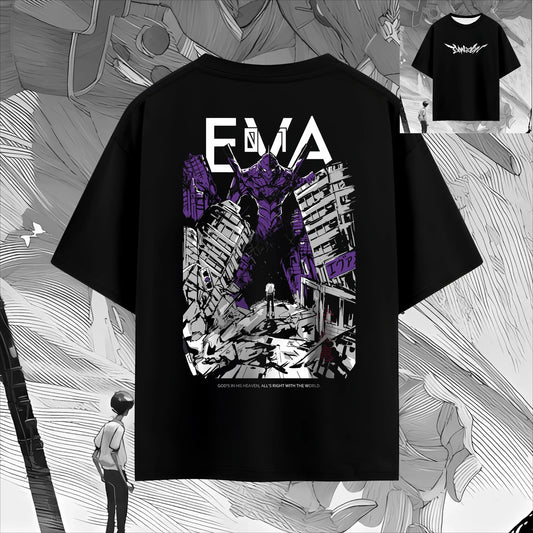 Evangelion: 2026 EVA Unit-01 Head Double-sided Anime T-shirt Men Women Vintage Oversized Streetwear Harajuku Casual Cotton Tee