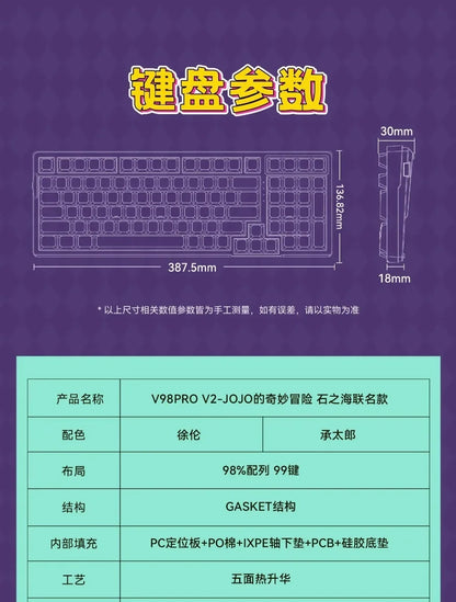 JoJo Bizarre: VGN V98proV2 Anime Joint Mechanical Keyboard 98 Layout 99 Key Wireless 3-Mode Hot Swap BT/2.4G/Type-c Wired Customized Gasket