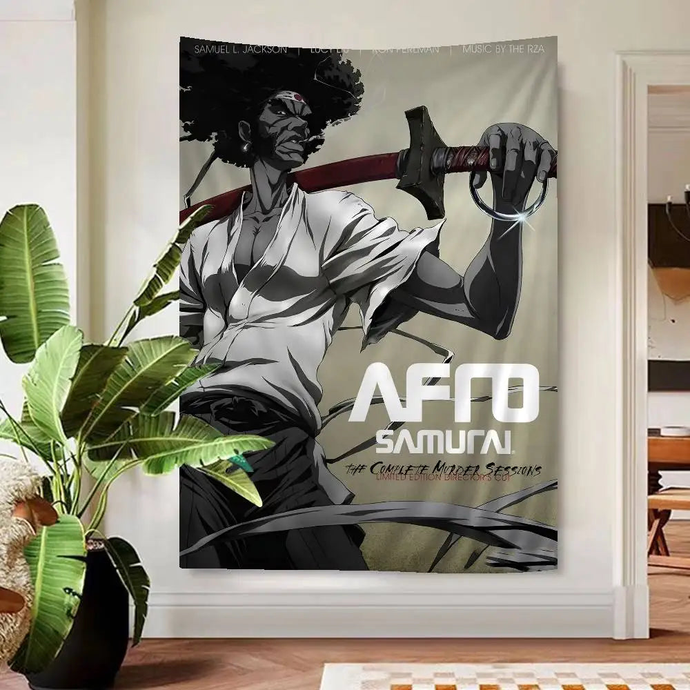Afro Samurai:  Anime Tapestry Hippie Flower Wall Carpets Dorm Decor Cheap Hippie Wall Hanging