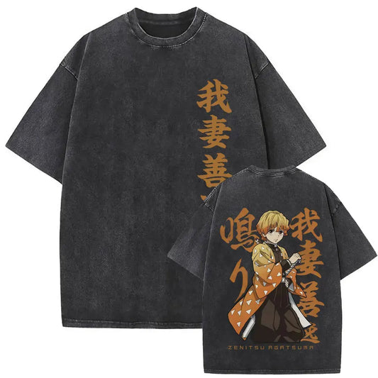 Demon Slayer: Washed Vintage Anime Akaza Graphic T-shirts Men Women Clothing Cotton Oversized Short Sleeve T Shirts Streetwear