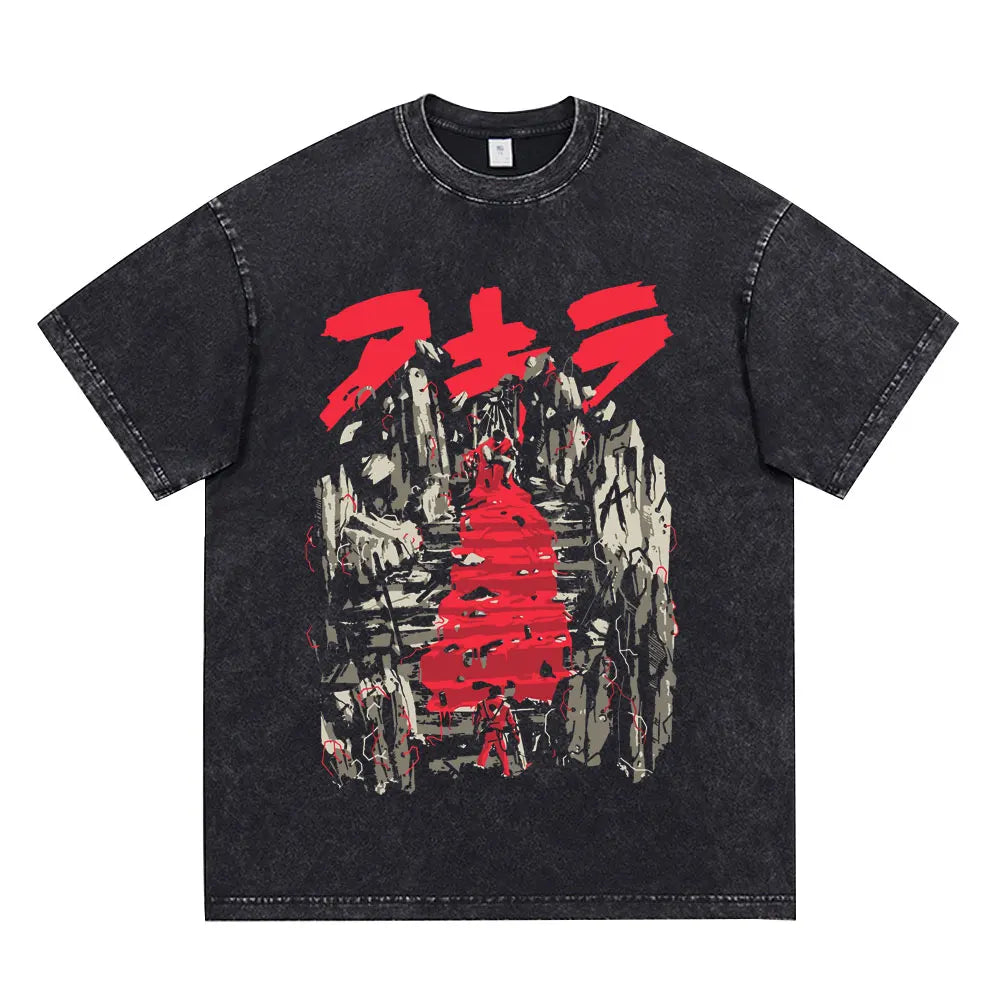 Akira: Washed Vintage T Shirt Science Fiction Cartoon Movie Shotaro Kaneda T-shirt Cotton Casual T-shirt