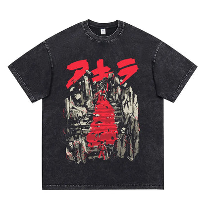 Akira: Washed Vintage T Shirt Science Fiction Cartoon Movie Shotaro Kaneda T-shirt Cotton Casual T-shirt