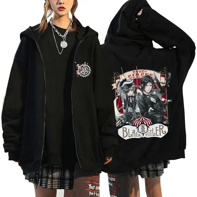 Anime Black Butler Michaelis Sebastian Phantomhive Ciel Print Hooded Men Women Hoodies Casual Sweatshirt Harajuku Zipper Jacket
