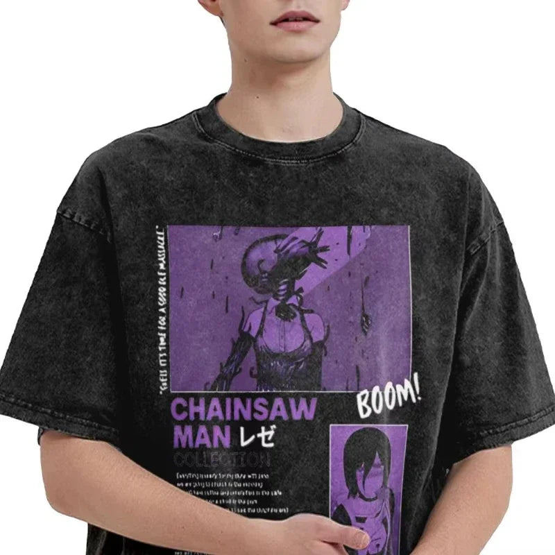 Chainsaw Man: Reze Graphic Printed T Shirt Men Women Washed Cotton Tshirts Vintage Casual T-shirt Harajuku Male Tops