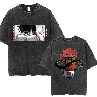 Anime Ippo Makunouchi Manga Graphic Print T-shirt Retro Washed Cotton Oversized Men Women Summer Harajuku Fashion Casual New Tee