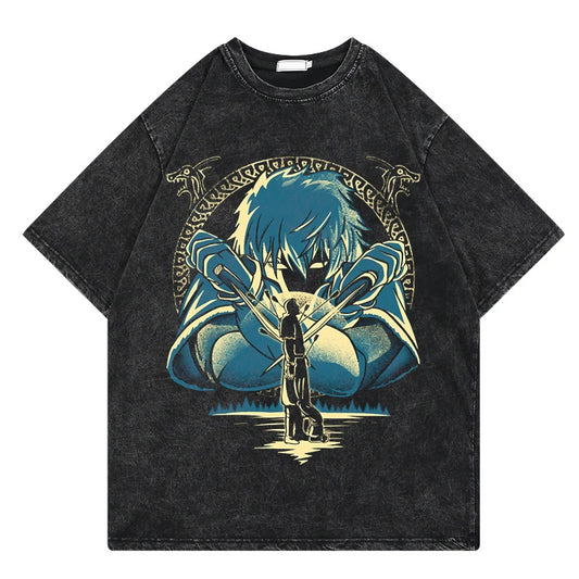 Vinland Saga: Vintage Washed Tshirt Graphic Print Hip Hop Streetwear Loose Y2k Summer Short Sleeve Harajuku 100% Cotton Top