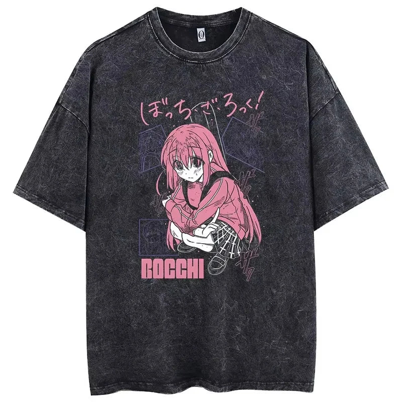 Bocchi The Rock: Manga Ryo Top Print Vintage T-Shirt Casual Basis O-Collar Black Shirt Short Sleeve Washed T-Shirt
