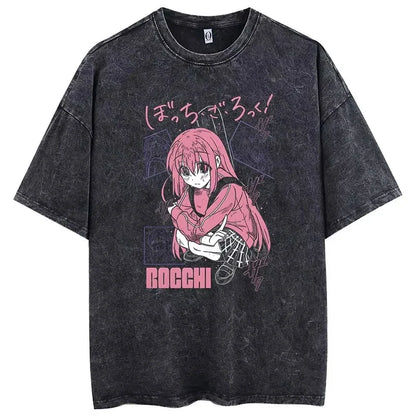 Bocchi The Rock: Manga Ryo Top Print Vintage T-Shirt Casual Basis O-Collar Black Shirt Short Sleeve Washed T-Shirt