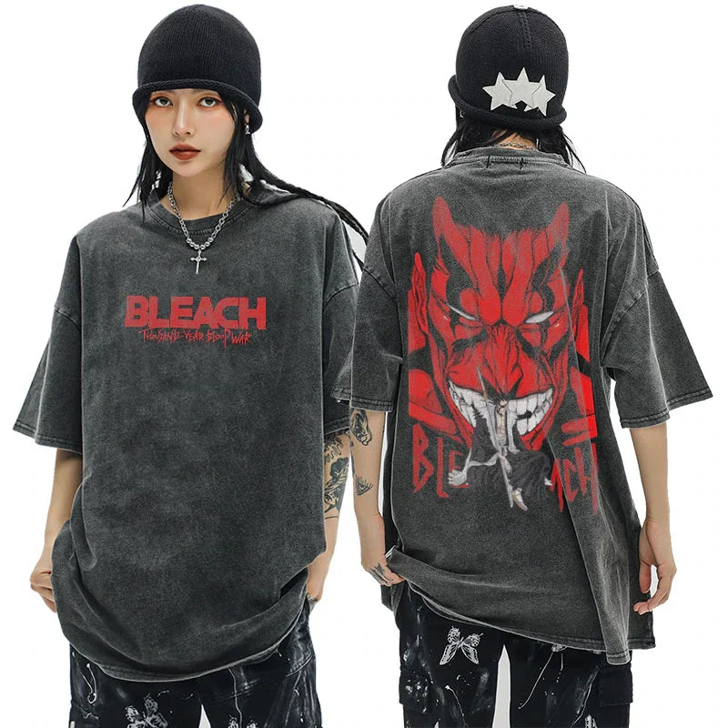 Bleach: Anime Tshirts Men Women Bleach Zaraki Kenpachi Printed Acid T-Shirt Cotton Graphic Punk Harajuku Tees Men's Clothing