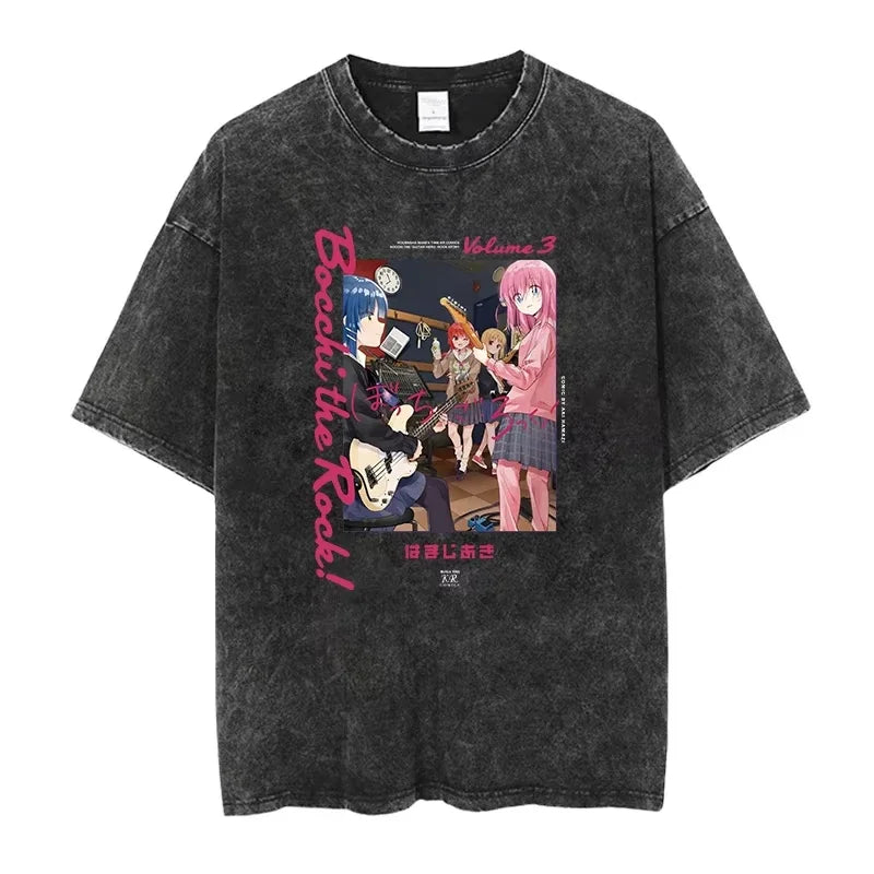 Bocchi The Rock: Manga Ryo Top Print Vintage T-Shirt Casual Basis O-Collar Black Shirt Short Sleeve Washed T-Shirt