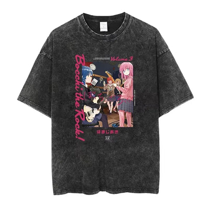 Bocchi The Rock: Manga Ryo Top Print Vintage T-Shirt Casual Basis O-Collar Black Shirt Short Sleeve Washed T-Shirt