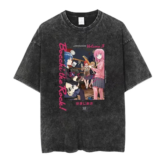 Bocchi The Rock: Manga Ryo Top Print Vintage T-Shirt Casual Basis O-Collar Black Shirt Short Sleeve Washed T-Shirt