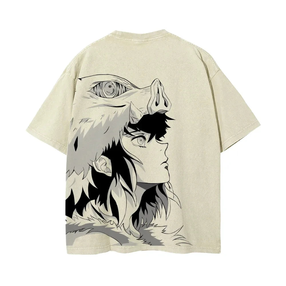 Demon Slayer: Men's Women's Washed T-Shirt Inosuke Hashibira Summer Spring Anime Tee Retro Distressed High Quality Short Sleeve