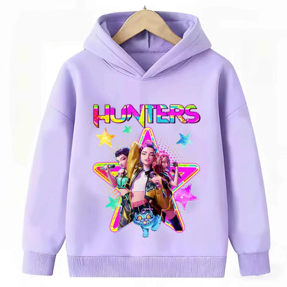 KPop Demon Hunters: Hoodie Kids Boys Girls Purple Warm Casual Loose Sweatshirt Children Fashion Streetwear Tops