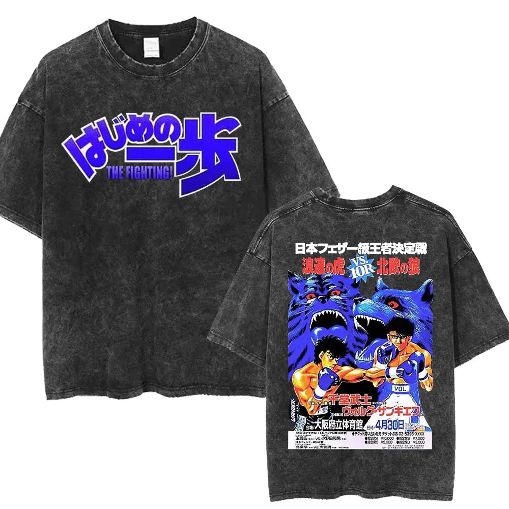 Anime Ippo Makunouchi Manga Graphic Print T-shirt Retro Washed Cotton Oversized Men Women Summer Harajuku Fashion Casual New Tee