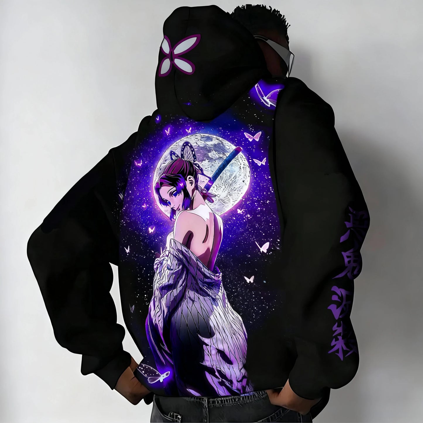 Demon Slayer: Y2K Trendy Hoodie Men's Autumn/Winter New Kochou Shinobu Anime Printed Street Hip Hop Casual Loose Parent Child Top