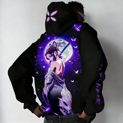 Demon Slayer: Y2K Trendy Hoodie Men's Autumn/Winter New Kochou Shinobu Anime Printed Street Hip Hop Casual Loose Parent Child Top