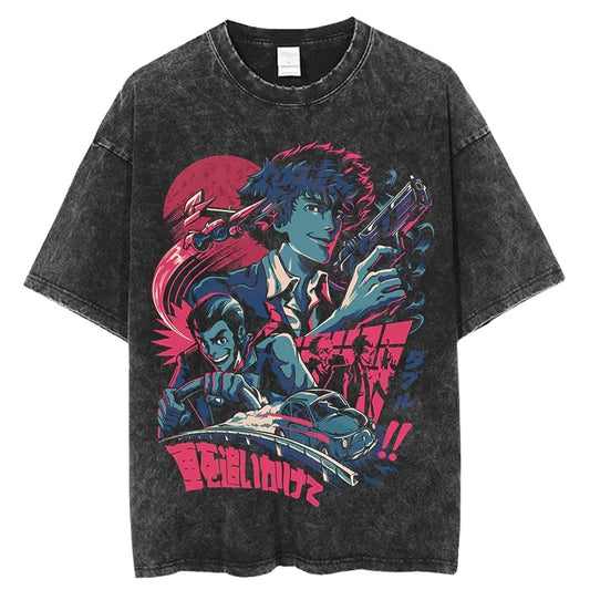 Cowboy Bebop: Vintage Washed T-Shirt Denim Harajuku Cotton Fashion Streetwear Neutral Top  Harajuku  Oversized T Shirt