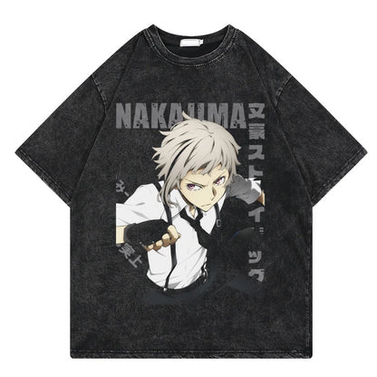 Bungo Stray Dogs: Vintage Washed Tshirt Loose Y2k Streetwear Print Casual 100% Cotton Harajuku Cool Tops Tees For Men Women