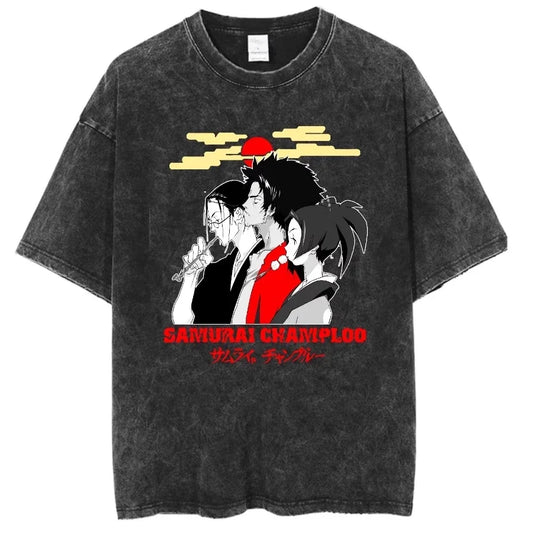 Samurai Champloo: Clothing Pure Cotton Short-Sleeved Tees Anime Graphic T-Shirt Vintage Washed Oversized T-Shirts