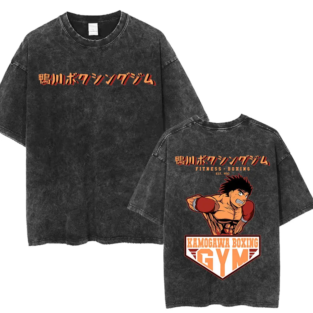 Anime Ippo Makunouchi Manga Graphic Print T-shirt Retro Washed Cotton Oversized Men Women Summer Harajuku Fashion Casual New Tee