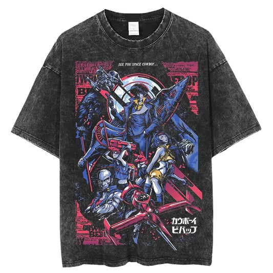 Cowboy Bebop: Vintage Washed T-Shirt Denim Harajuku Cotton Fashion Streetwear Neutral Top  Harajuku  Oversized T Shirt