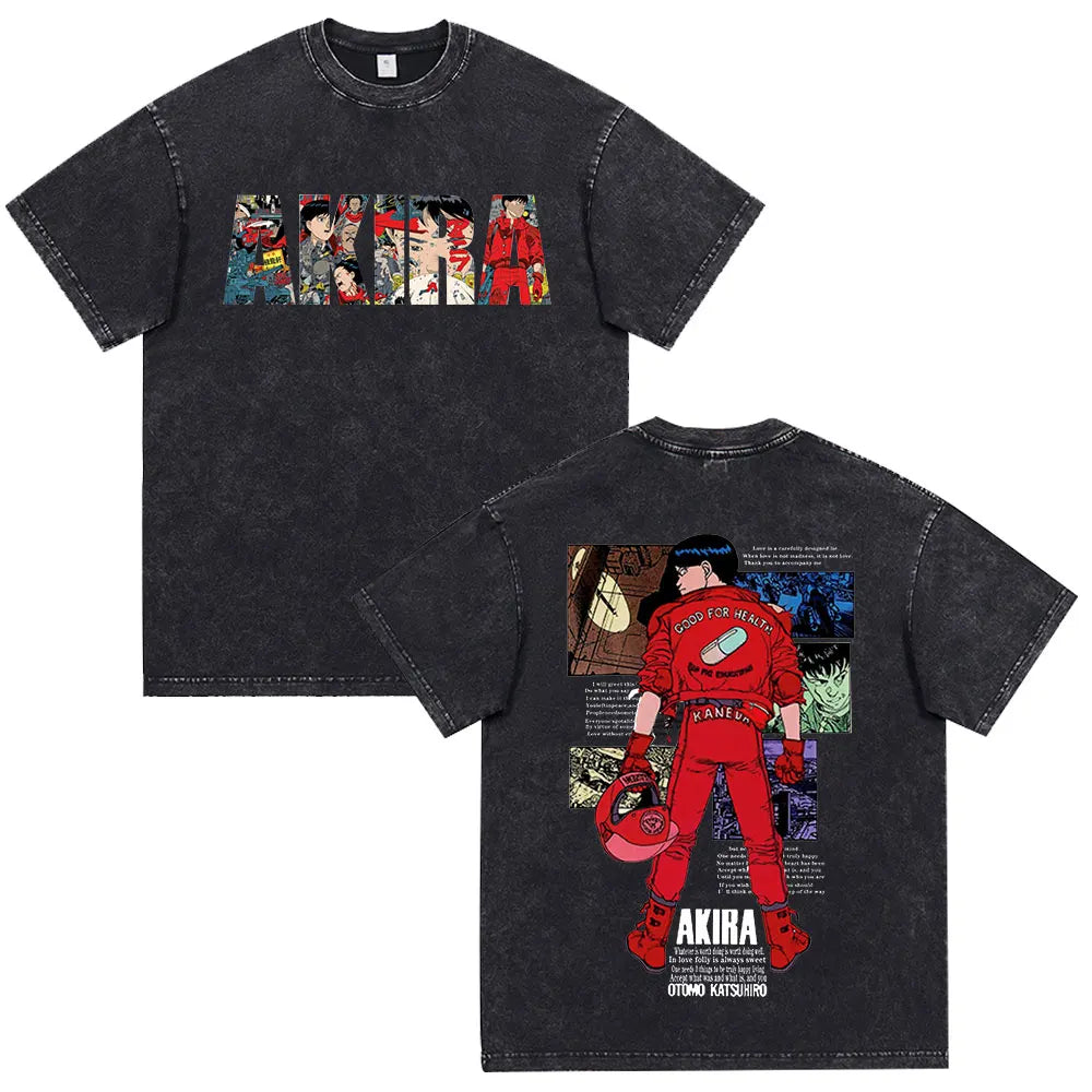 Akira: Washed Vintage T Shirt Science Fiction Cartoon Movie Shotaro Kaneda T-shirt Cotton Casual T-shirt
