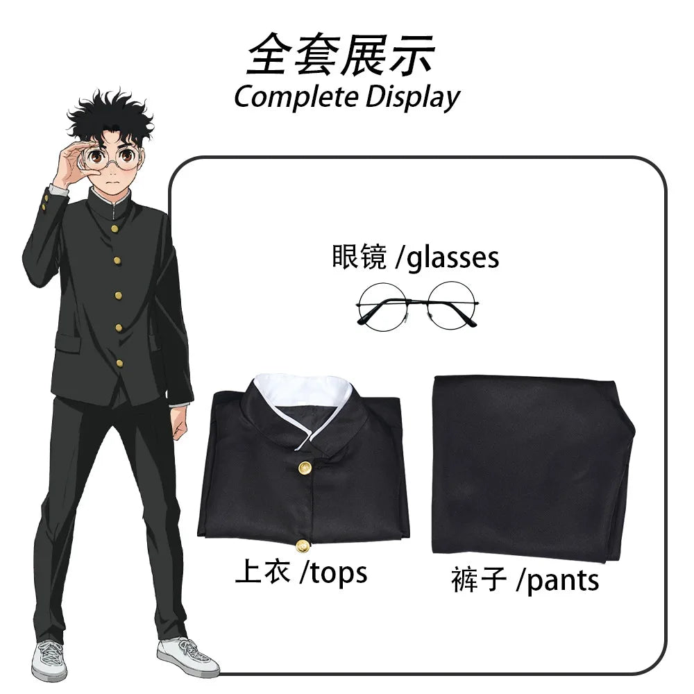 Dandadan: Ken Takakura Cosplay Costume Wig Anime Okarun School Uniform Black Jacket Pants Gakuran Glasses Halloween Party Men