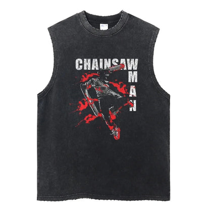 Chainsaw Man: Distressed Tank Top Reze Bomb Devil Hybrid Print Men Women Cotton Loose Fit Comfort Gym Streetwear Unisex